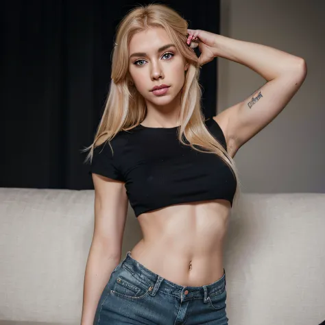 brazilian influencer in jeans and black top with blonde hair and a black top posing for a picture, a colorized photo inspired by Hedi Xandt, reddit, realism, amouranth, better known as amouranth, pink body, with blonde hair and azure eyes,nikonova aka newm...