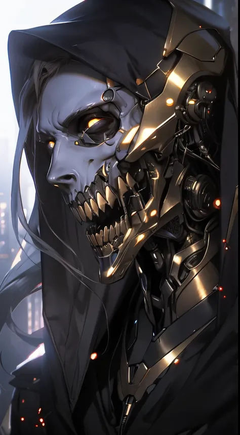 a close up of a skeleton with a hood on and a hood over it, portrait of a cyber skeleton, cyberpunk metallic brackets, detailed portrait of a cyborg, cyberpunk horror style, cyberpunk skeleton, lolth, cyborg portrait, digital cyberpunk anime art, depraved ...