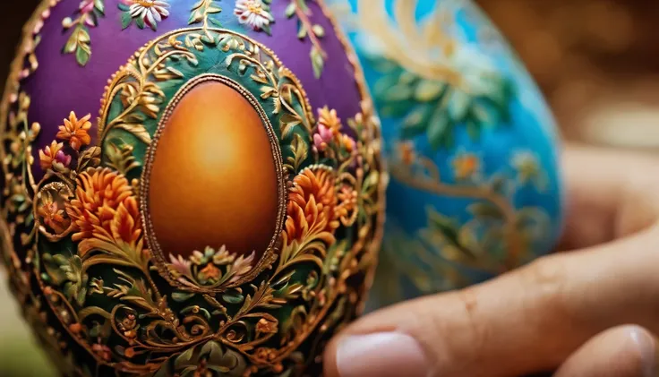 Capture a close-up shot of a beautifully decorated Easter egg, showcasing its intricate hand-painted design and vibrant colors