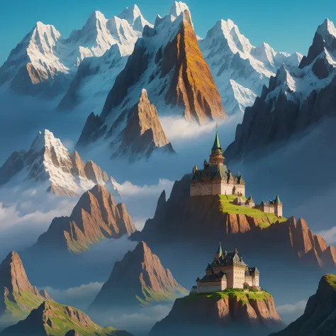 beautiful fantasy mountains with castle and dragon