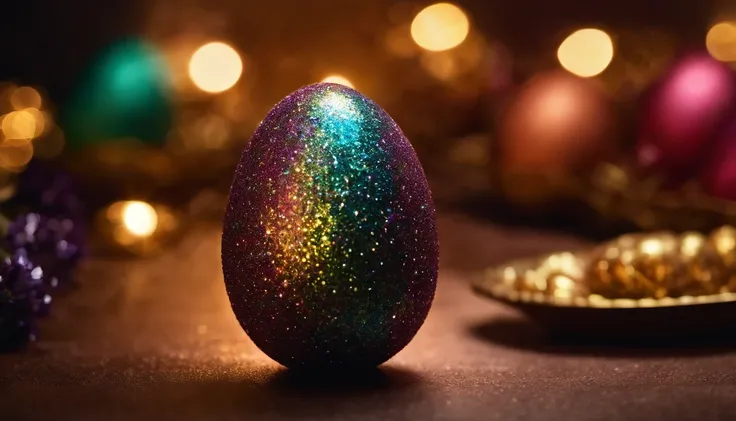 Capture a detail shot of a glitter-covered Easter egg, showcasing its shimmering and sparkling texture.”