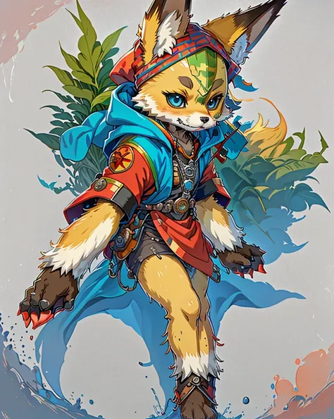 vibrant and imaginative fox fursona with multicolored fur, expressive eyes, a mischievous personality, a camouflage bandana, a toy soldier pendant, and a bold, outgoing demeanor