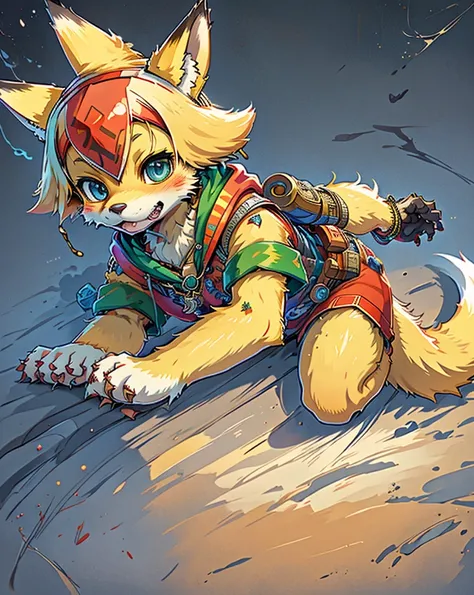 vibrant and imaginative fox fursona with multicolored fur, expressive eyes, a mischievous personality, a camouflage bandana, a toy soldier pendant, and a bold, outgoing demeanor