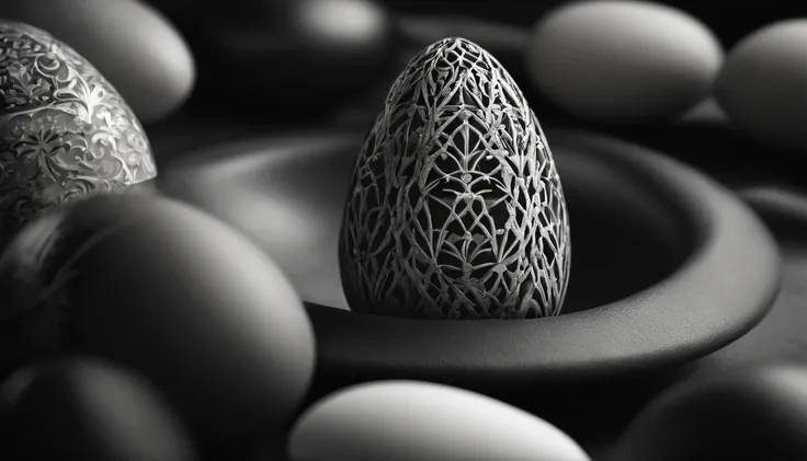 Capture a black and white image of a simple and elegant Easter egg, highlighting its shape and form without the distraction of colors