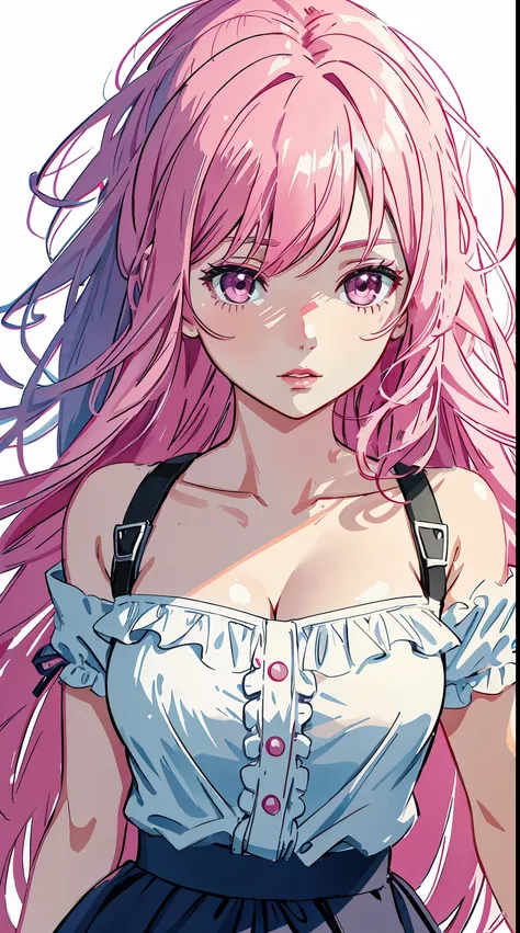 middle-aged girl，long pink hair, reddish-pink lips，In a bright white shirt，Pastel palette in aurora punk style，anime illustration of her face，Animated GIFs，Hand-drawn animation，Fascinating sketch，smooth and shiny，Foggy romanticism，Super flat style,White ba...