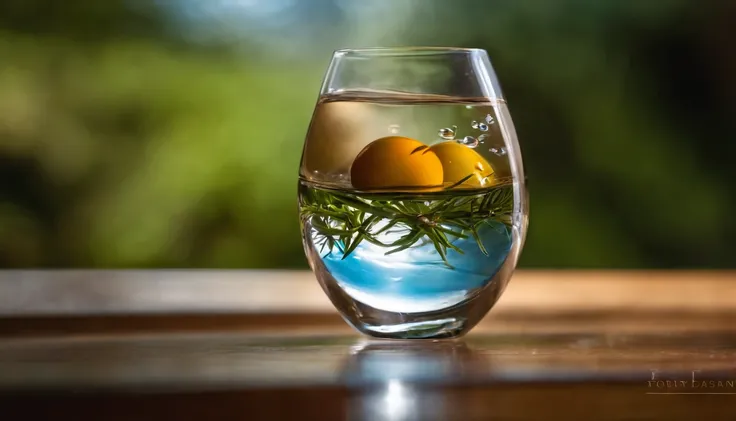 Capture a creative shot of an Easter egg submerged in a clear glass of water, playing with reflections and refractions to create a visually captivating image.