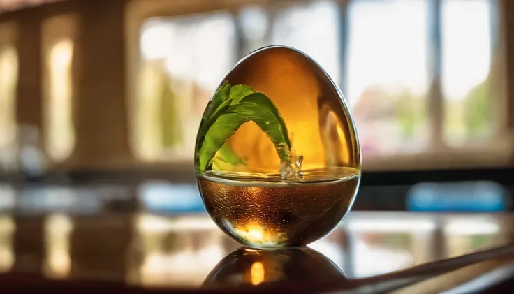 Capture a creative shot of an Easter egg submerged in a clear glass of water, playing with reflections and refractions to create a visually captivating image.