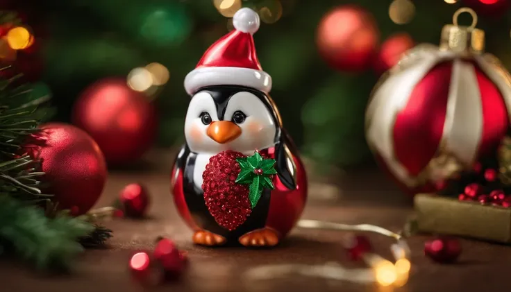 Capture a macro shot of a Christmas penguin ornament, highlighting its intricate details and festive decorations, such as a Santa hat or a candy cane