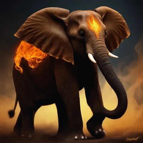 gremlin, baby elephant, bright orange and brown, long tail, covered in yellow flames, flame clothes, Best Quality, Masterpiece, in style of dark fantasy art,