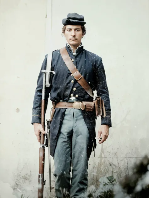 arafed image of a man in a uniform with a gun, 1 8 0 0 s soldier, colorized, colorized photograph, colorized photo, award winning colorized photo, decorated civil war veteran, a colorized photo, color image, full - body portrait of a ranger, photo in color...