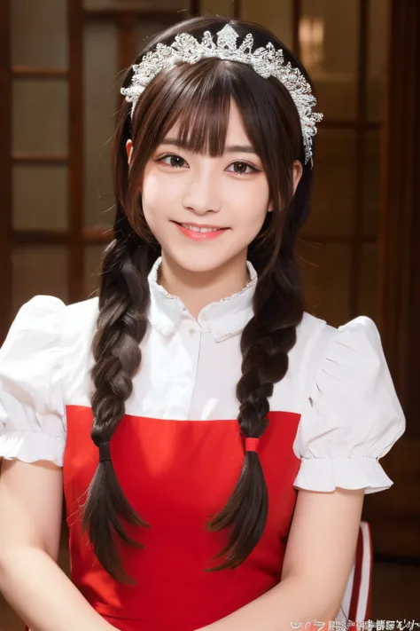 best quality, ultra detailed, 1girl, solo, standing, white hair, twin braids, red eyes,maid headdress,maid apron, bangs,white gloves, stare, smile, looking at viewer, (interview:1.3),