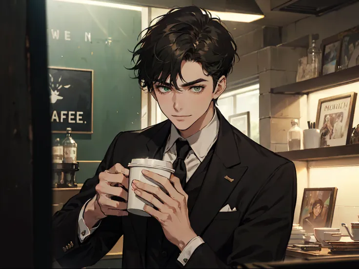 ((One young man with a black suit and tie)), alejandro, (((one side swept dark short neat hair))), (dark green eyes and thick eyebrows), ((20 years old)), ((masterpiece)), drinking coffee , ((cinematic lighting)), relax look and smirk