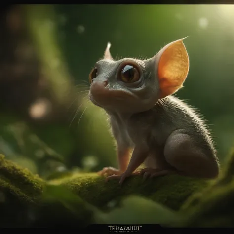 In the cave，Small male goblins, large ears, snook, trunk, shaggy, big eyes, It stands near the lake, Cute creatures from space. Terraforming. Alien Flora, Miki Asai Macro Photography, a closeup of a, Ultra Detailed, Popular on ArtStationH, sharp-focus, stu...