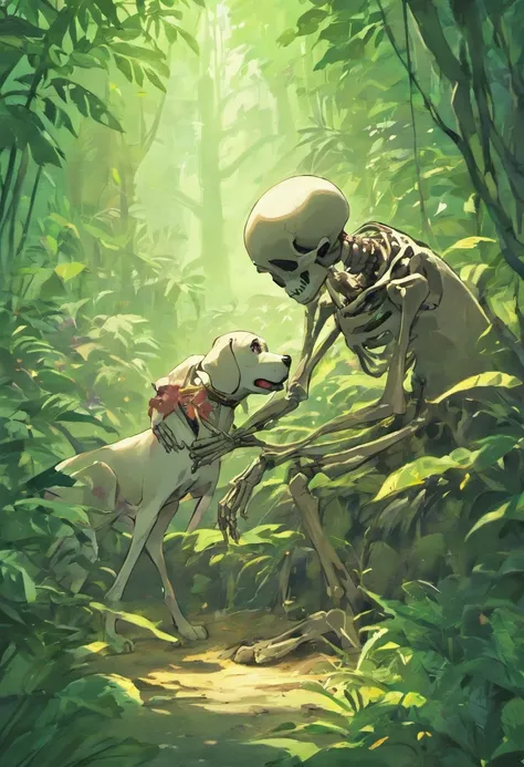 a skeleton playing with a puppy in the jungle