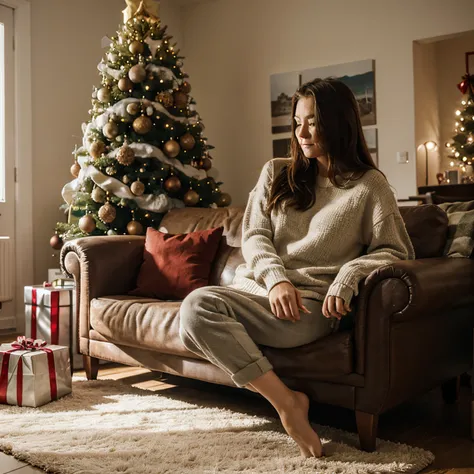 christmas tree in a cozy living room and a girl lyng on the sofa