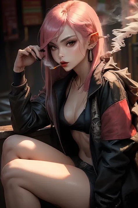 1girl, (smoke), ((smoking)), ((((black jacket)))), (((pink hair))), elf, flat,((((small chest)))), ((((flat chest)))), ((((small breasts)))), ((((flat breasts)))), lips, lipstick, (((long stray hair))), looking at viewer, makeup, pointy ears, red lips, sol...