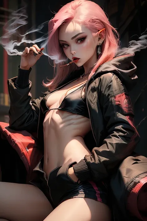 1girl, (smoke), ((smoking)), ((((black jacket)))), (((pink hair))), elf, flat,((((small chest)))), ((((flat chest)))), ((((small breasts)))), ((((flat breasts)))), lips, lipstick, (((long stray hair))), looking at viewer, makeup, pointy ears, red lips, sol...