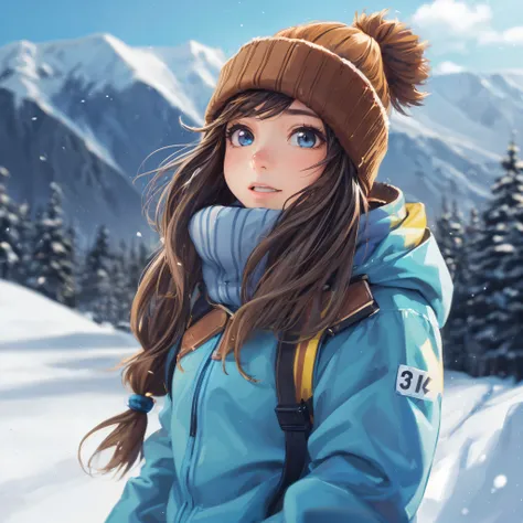 ((32k UHD alto detalhe, 16k RAW cinematic art)) best quality, alta qualidade, Altas, aprimoramento de detalhes,Pista de esqui,gorro, snowboard, blue winter sky, desgaste de snowboard, cabelo saltando 1girl, Garotinha, corpo inteiro, child body, corpo brilh...