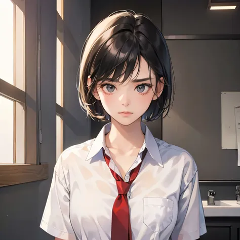 1girl in,girl wearing her own tie,Very cute junior high school student,sleepy expression,Shorthair with black hair,Accurately drawn face,tre anatomically correct,Precise fingers,White shirt,Red tie,The bra with the border is slightly transparent.,photoreal...