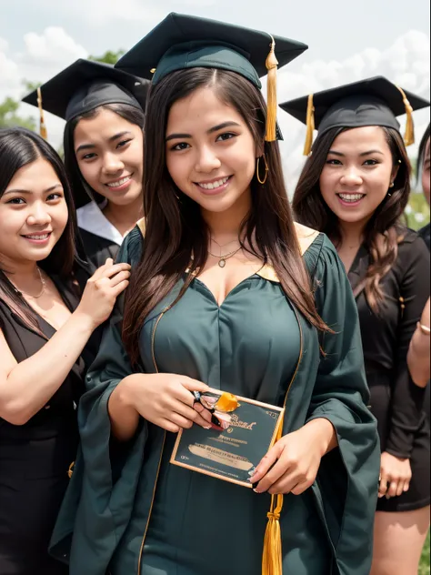 maria, 18yo, a filipino college graduate, celebrates her achievement with her friends and family. dressed in a stylish graduatio...