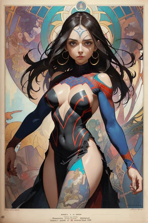 Eliza Dushku、Sticking out the navel、newyork、She wears a torn Spider-Man suit,wearing skirt、abstract photorealistic、artistic、Alphonse Muchas painting(​masterpiece、top-quality、hight resolution:1.4)、detaileds、intricate-detail、4K、color splashes、line-drawing、Fi...