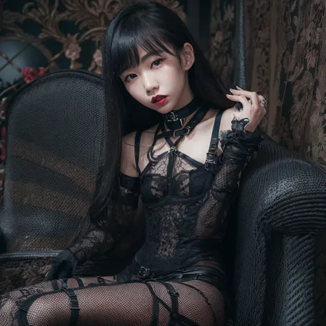 A slender 12-year-old Japanese vampire with bright red lips bites his prey&#39;s neck., Seduce you with sexy bondage fashion, 独奏, 12 years old child, Photos taken by a professional photographer, There are no adults in this room.., Bewitching makeup, vampir...