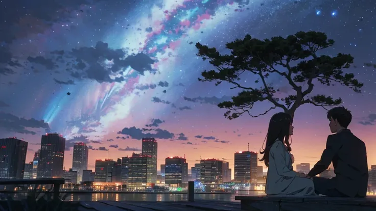 octans, sky, star (sky), scenery, starry sky, night, 1girl, 1boy, couple, love, night sky, solo, outdoors, building, cloud, milky way, sitting, tree, long hair, city, silhouette, cityscape --auto --s2