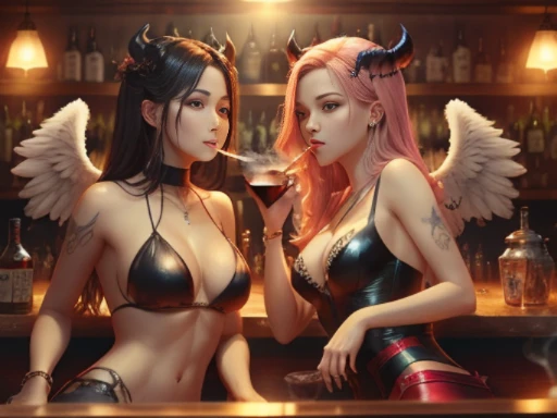 (masterpiece), (High quality), two women in party clothes, translucent  clothes, young party girls, sitting in a bar, smoking cigarettes and drinking alcohol, Angel is split in two with smoke, (devil against angel), 2 angels, Wings of the Devil, with two p...