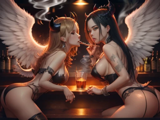 (masterpiece), (High quality), two women in party clothes, translucent  clothes, young party girls, sitting in a bar, smoking cigarettes and drinking alcohol, Angel is split in two with smoke, (devil against angel), 2 angels, Wings of the Devil, with two p...