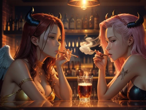 (masterpiece), (High quality), two women in party clothes, translucent  clothes, young party girls, sitting in a bar, smoking cigarettes and drinking alcohol, Angel is split in two with smoke, (devil against angel), 2 angels, Wings of the Devil, with two p...