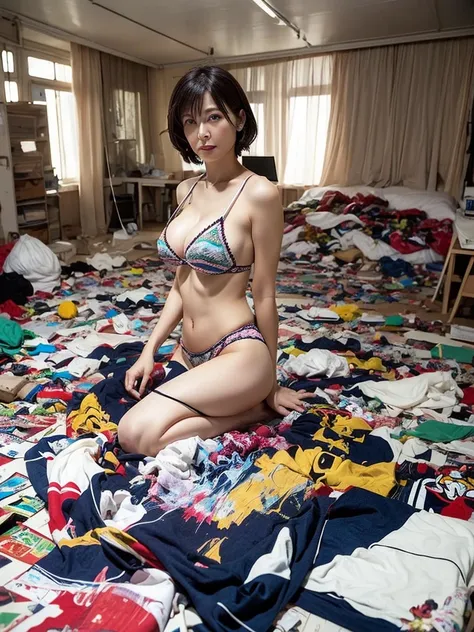 japanes、Mature women 3 people、undergarment、Huge breasts、 8K、Real Images、ultra-detailliert、​masterpiece、Top image quality、top-quality、(Jumbled background, Messy room:1.3)、There is a lot of garbage scattered around