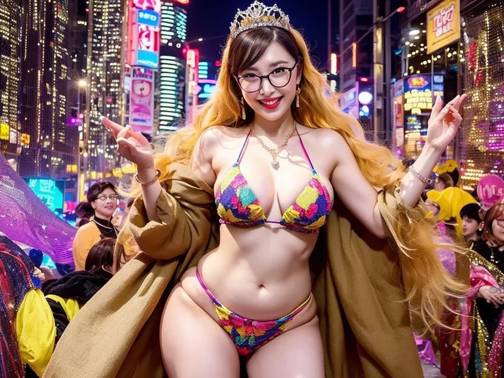 8K、Real Images、detaileds、​masterpiece、It&#39;s a real photo、Top image quality、top-quality、Golden hair、（large boob:1.2）、(Pocchari body type:1.2）、Smiling big、Posing cutely、wearing a mini bikini、Wearing glasses、wearing red lipstick、Wearing large earrings、wear...