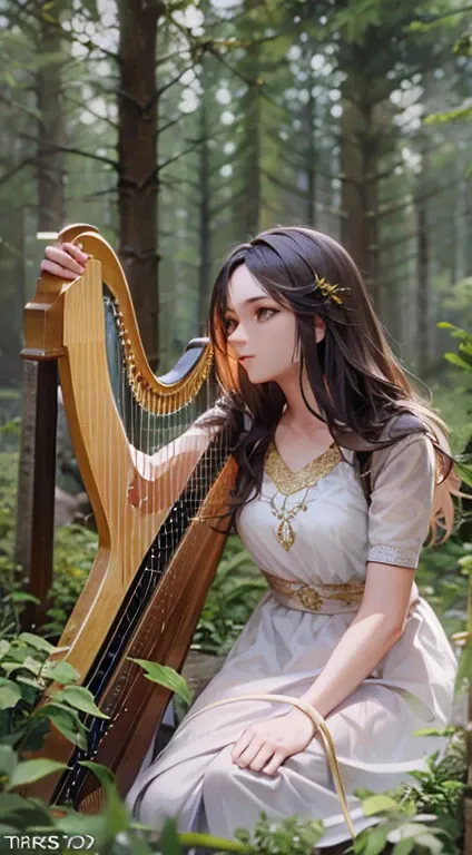 1 girl playing harp in the forrest