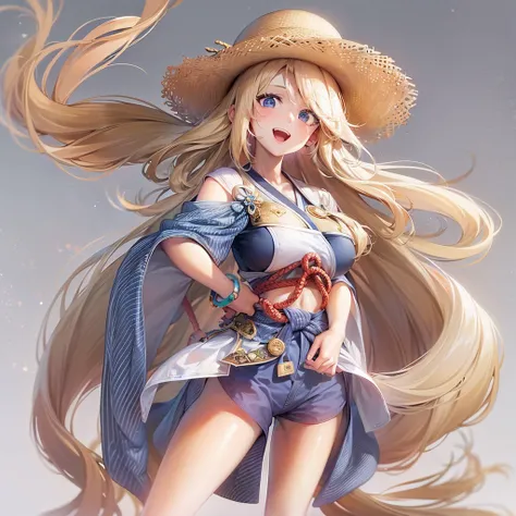 smiling samurai, A female character, Tendo Dragon Ball Vegetables, HEIGHT 168CM, Size is B104cm、Width 53 cm、Height 82 cm, gentleness, attentive, healed, 16 yaers old, tall, is a gunman, Its really hot&#39;s long hair reaching waist, Wearing a large straw h...