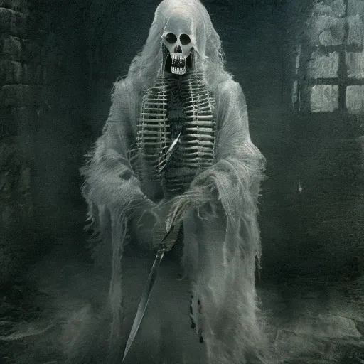 onimous, elderly woman, witchcraft, Face full of wrinkles, pale-skinned, dirty gray hair, scary ghost, Ghost in clothes, Dark Ghost, devil, Ghost woman, White dress, dentes pontiagudos, knife in hand, Torn clothes, old clothing, blank black eyes, white col...