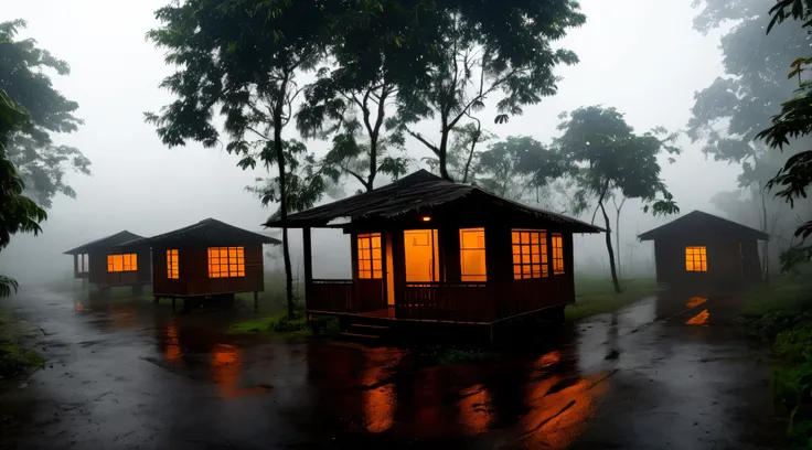 chuva forte em uma vila de cabanas na floresta tropical, com janelas iluminadas, e muita neblina