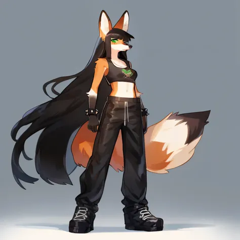 Maned wolf, female, punk clothes, crop top, baggy pants, black boots, standing, by bebebebebe, green eyes, long eyelashes, black hair, long hair, wavy layered hair, bangs, white tail tip