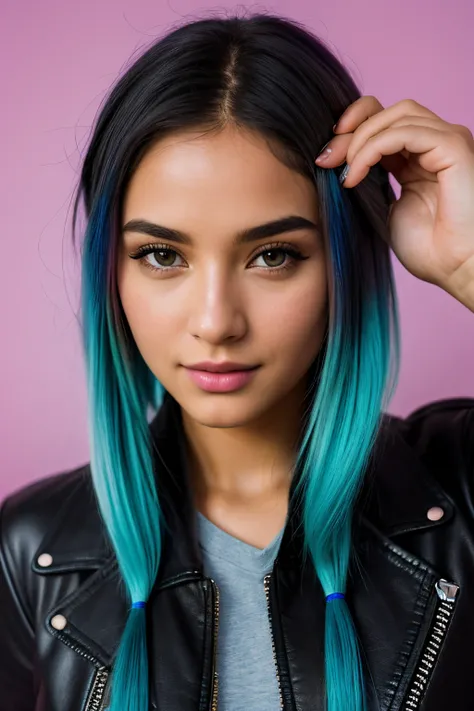 photo of (emikin:0.99), woman as a sexy TikTok influencer, cobalt hair, blue hair , teal hair , twintails, piggy tails, indoors , modelstyle photoshoot, full body pose , light pink wall background , wearing leather jacket, leather jacket , boob tube , clea...