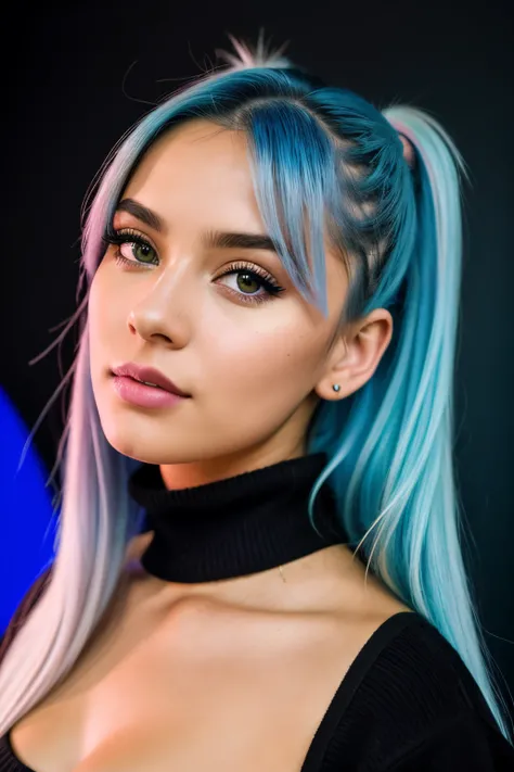 photo of (emikin:0.99), woman as a sexy TikTok influencer, cobalt hair, blue hair , teal hair , twintails, piggy tails, indoors , modelstyle photoshoot, full body pose , light pink wall background , wearing leather jacket, leather jacket , boob tube , clea...