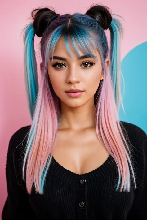 photo of (emikin:0.99), woman as a sexy TikTok influencer, cobalt hair, blue hair , teal hair , twintails, piggy tails, indoors , modelstyle photoshoot, full body pose , light pink wall background , wearing leather jacket, leather jacket , boob tube , clea...