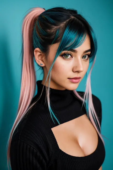 photo of (emikin:0.99), woman as a sexy TikTok influencer, cobalt hair, blue hair , teal hair , twintails, piggy tails, indoors , modelstyle photoshoot, full body pose , light pink wall background , wearing leather jacket, leather jacket , boob tube , clea...