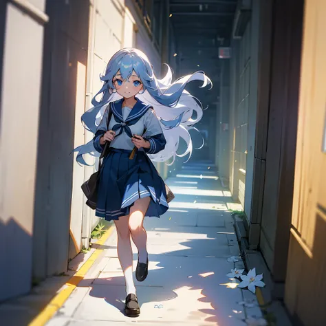 1female, young adult, long grey wavy hair, finely detailed blue eyes, blue sailor uniform, standing on path, walking down alley, light smile, flowers, best lighting and shadows, tokyo