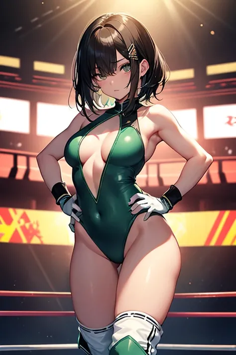 独奏,A pretty girl with perfect figure,(Lori,13years), (light green and white leotard swimsuit), Very small breasts,Black Hair Straight Short Hair,bangss,Stand in the ring of professional wrestling,extremely detailed face and skin, Detailed eyes, Double eyel...