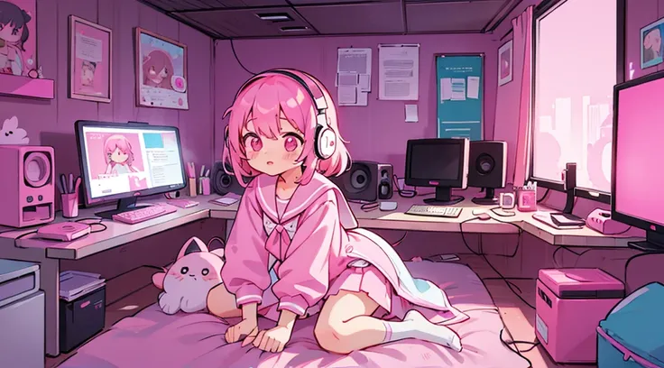 2 girls, pink hair, pink eyes, sailor suit, headphones, pink cyberpunk, room with big monitors, pink neon