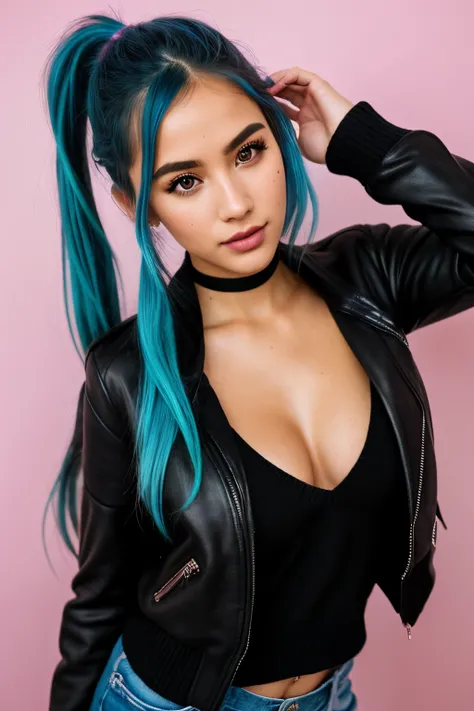 photo of (emikin:0.99), woman as a sexy TikTok influencer, cobalt hair, blue hair , teal hair , twintails, piggy tails, indoors , modelstyle photoshoot, full body pose , light pink wall background , wearing leather jacket, leather jacket , boob tube , clea...