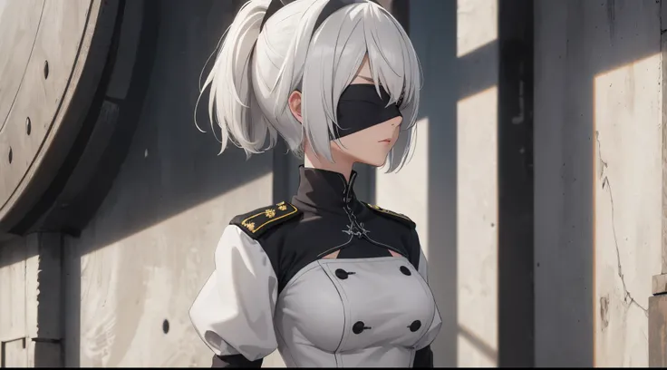 (extremely detailed CG unity 8k wallpaper), (masterpiece), (best quality), (ultra-detailed), (best illustration), (best shadow), (absurdres), 2b, 1girl, short hair, short ponytail, normal size boobs, white hair, blindfold solo, Intimidating women, admiral ...