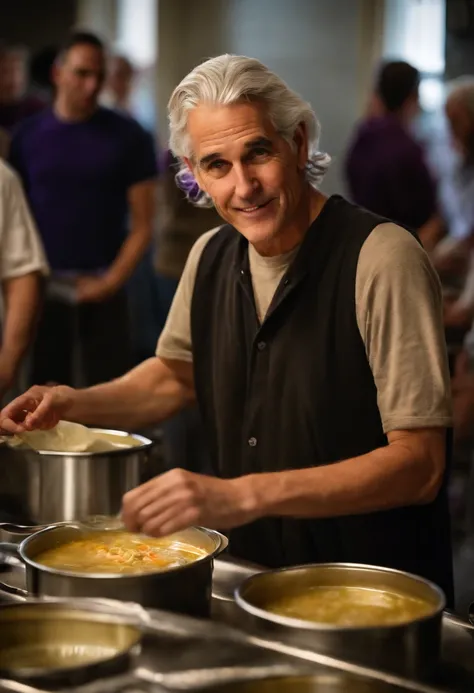 A photo of the character leading a group in a Thursday evening soup kitchen event at the local shelter.,original,silver haired man with purple eyes, kind face, sweet smile, sharp features, late teens, male