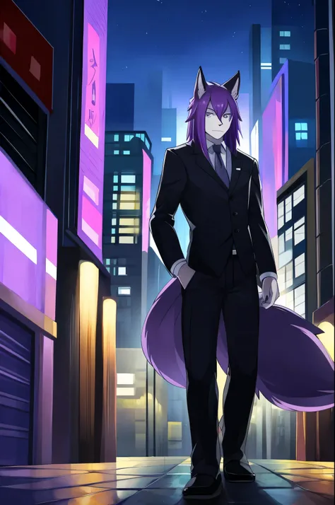 A Lean man with Long Purple hair and wolf ears, He is stood in a city in the rain at night