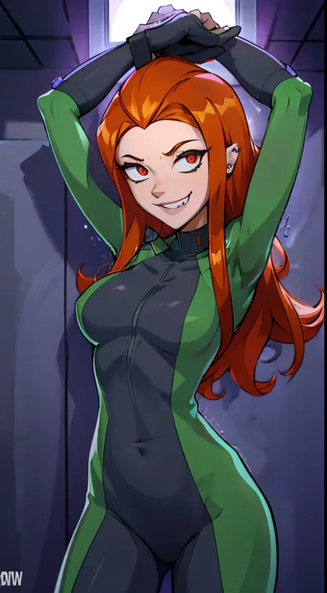 Perverted man possessing Sam, ginger hair, I have Sams body,successfully possessed Sam, Glowing red piercing eyes, pervy evil grin, this is my body now, hahahaha, satisfying looks, , nsfw, hentai, seductive, arms up, hands behind head, green spy suit