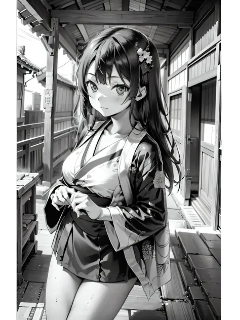 black and white manga style, highly detailed, masterpiece, hyper detailed, illustration, (1 girl, 16 years old japanese woman fi...